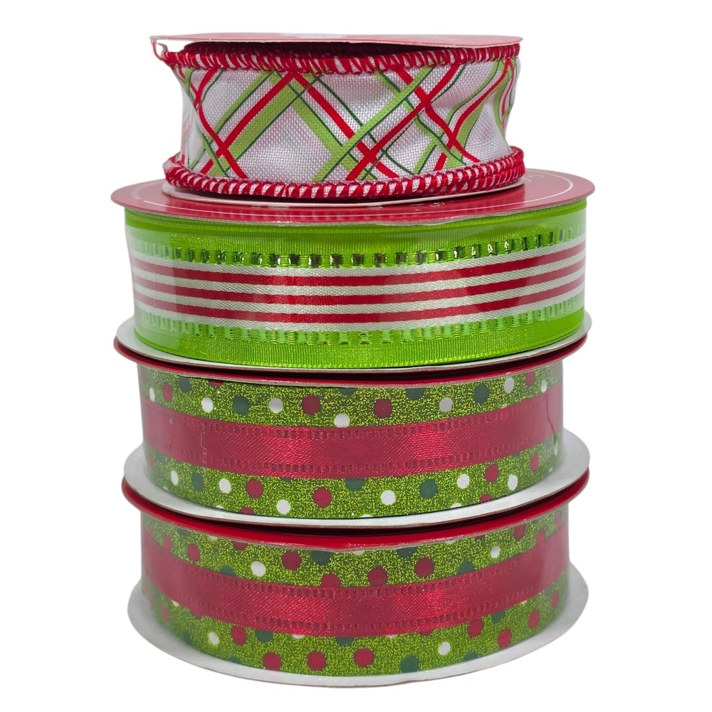 Lime Apple Green Red Christmas Ribbon Lot 4 Spools 34 Yds Polka Dot Stripe Plaid